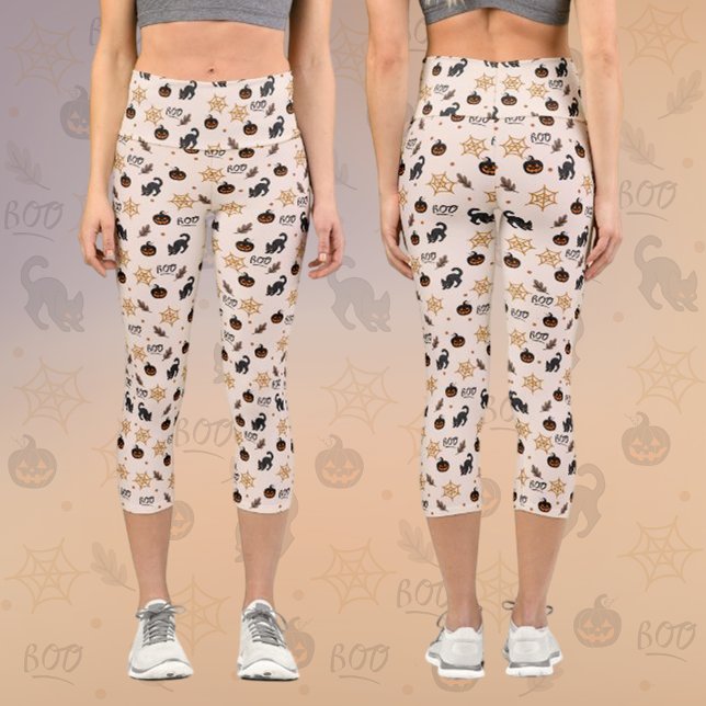 Cute Black Cat Pumpkin Halloween Pattern Capri Leggings (Creator Uploaded)