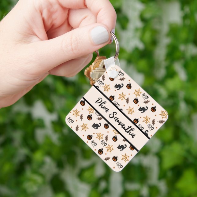 Cute Black Cat Pumpkin Halloween Pattern Keychain (Hand)