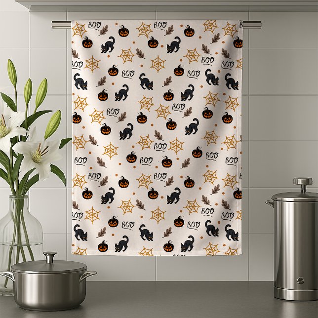 Cute Black Cat Pumpkin Halloween Pattern Kitchen Towel (Creator Uploaded)