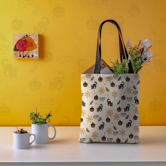 Cute Black Cat Pumpkin Halloween Pattern Tote Bag (Creator Uploaded)