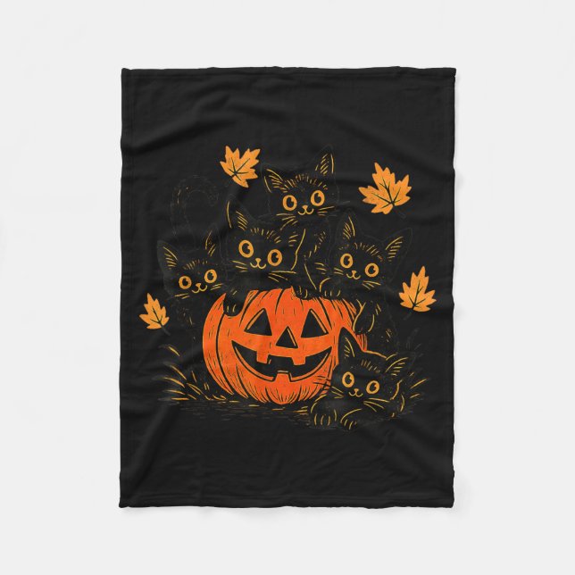 Cute Black Cat Pumpkin Jack O Lantern Kitty Funny Fleece Blanket (Front)