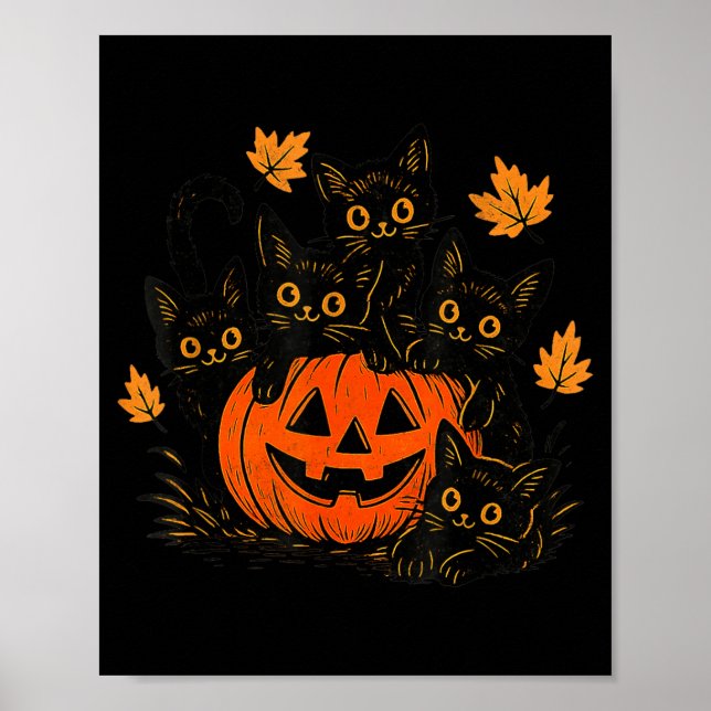 Cute Black Cat Pumpkin Jack O Lantern Kitty Funny Poster (Front)