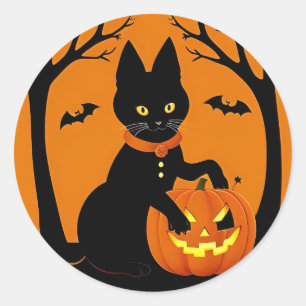 Cute Black Cat Pumpkin Witch Hat Halloween Decor  Classic Round Sticker