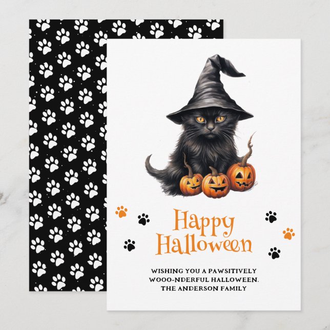 Cute Black Cat Pumpkins Happy Halloween Holiday Card (Front/Back)
