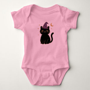 Cute Black Cat Purple Witch Hat Minimalist Baby Bodysuit