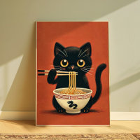 Cute Black Cat Ramen Art Print | Kawaii Noodle Cat