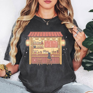 Cute Black Cat Ramen Shop Cherry Blossoms Art T-Shirt