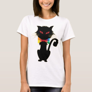 Cute Black Cat Red Eyes Rainbow Colors Design T-Shirt
