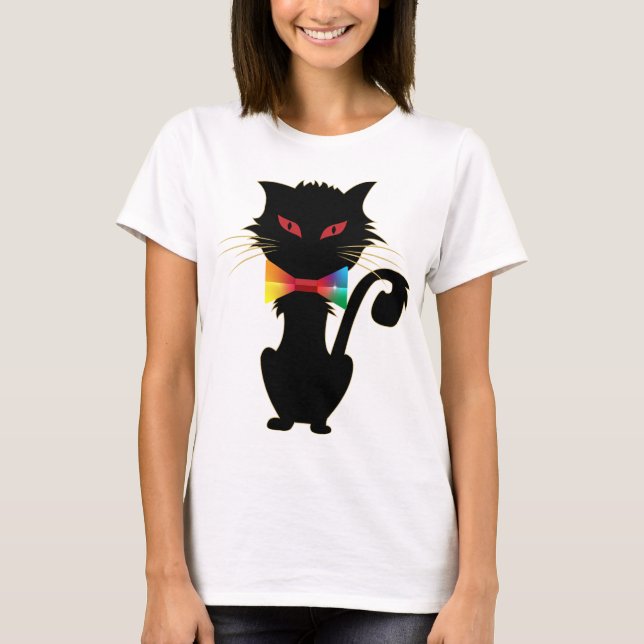 Cute Black Cat Red Eyes Rainbow Colours Design T-Shirt (Front)