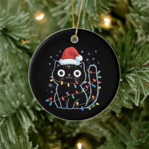Cute Black Cat Santa Christmas Lights Meow Kitty Ceramic Ornament