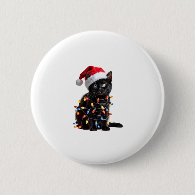 Cute Black Cat Santa Christmas Lights Meow Kitty K 2 Inch Round Button (Front)