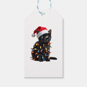 Cute Black Cat Santa Christmas Lights Meow Kitty K Gift Tags