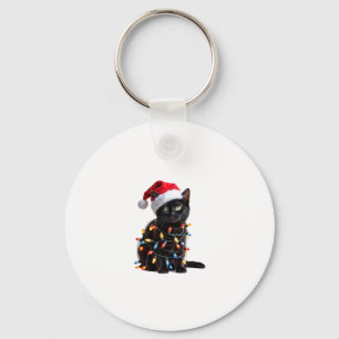 Cute Black Cat Santa Christmas Lights Meow Kitty K Keychain