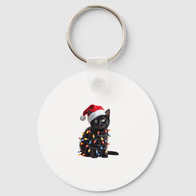 Cute Black Cat Santa Christmas Lights Meow Kitty K Keychain (Front)