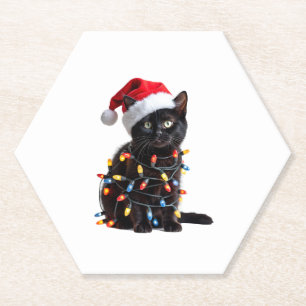 Cute Black Cat Santa Christmas Lights Meow Kitty K Paper Coaster