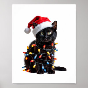 Cute Black Cat Santa Christmas Lights Meow Kitty K Poster