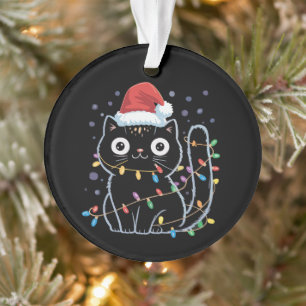 Cute Black Cat Santa Christmas Lights Meow Kitty Ornament