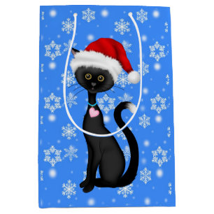Cute Black Cat, Santa Hat and Snowflakes Christmas Medium Gift Bag