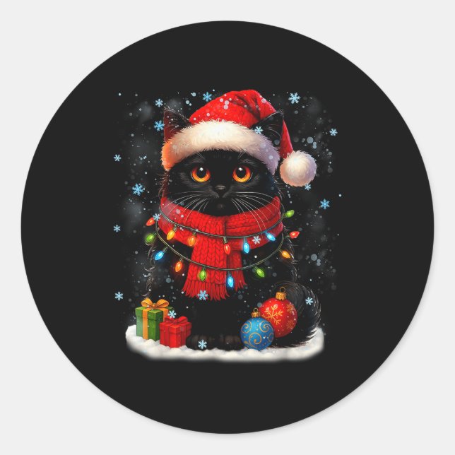 Cute Black Cat Santasnowflake Christmas Xmas Women Classic Round Sticker (Front)