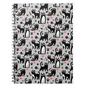 Cute Black Cat Seamless Pattern On A Light Gray Notebook