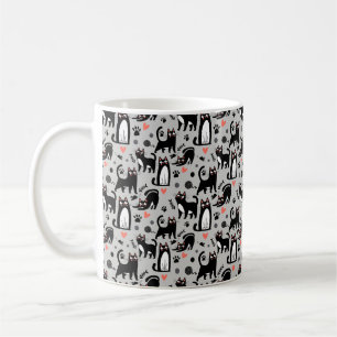 Cute Black Cat Seamless Pattern On A Light Grey Coffee Mug