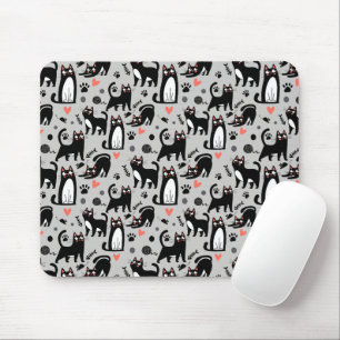 Cute Black Cat Seamless Pattern On A Light Grey Mouse Pad