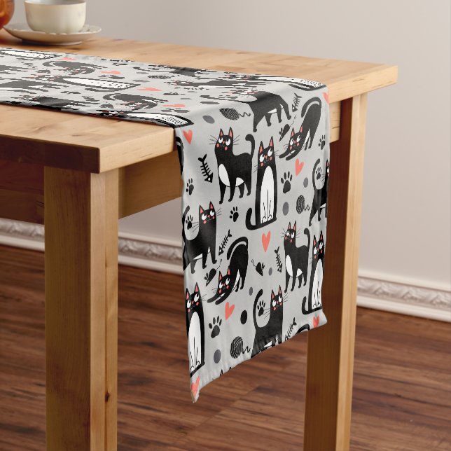 Cute Black Cat Seamless Pattern On A Light Grey Short Table Runner (In Situ)