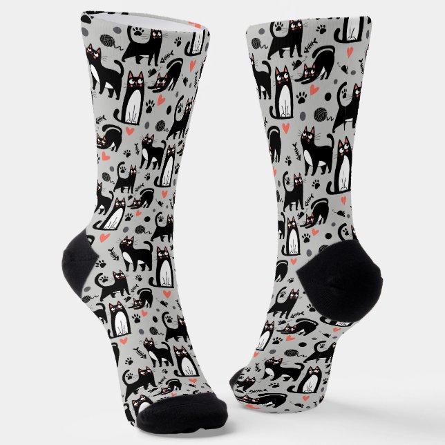 Cute Black Cat Seamless Pattern On A Light Grey Socks (Angled)