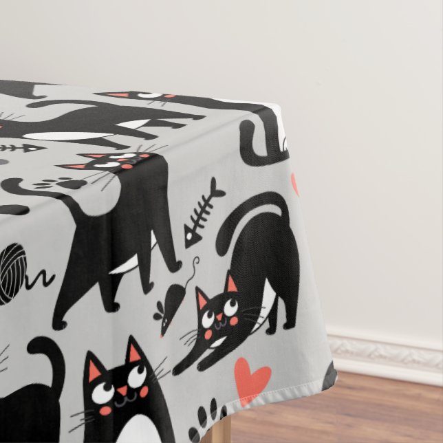 Cute Black Cat Seamless Pattern On A Light Grey Tablecloth (In Situ)