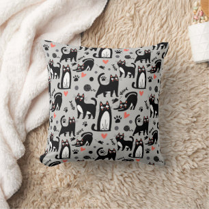 Cute Black Cat Seamless Pattern On A Light Grey Throw Pillow