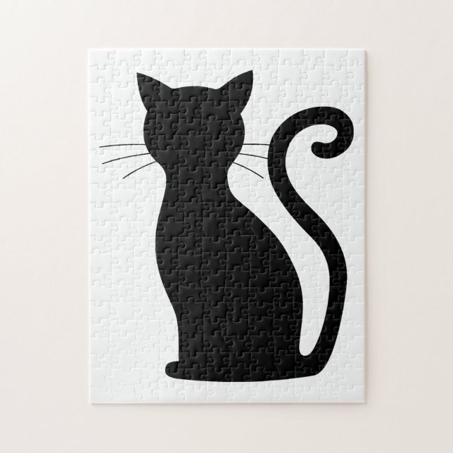 Cute Black Cat Silhouette Fun Black and White Jigsaw Puzzle (Vertical)