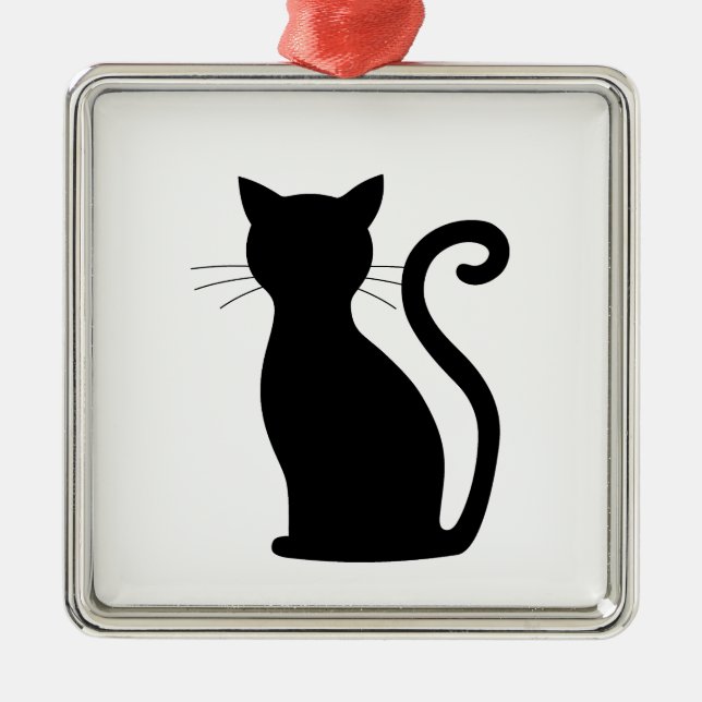 Cute Black Cat Silhouette Fun Black and White Metal Ornament (Front)