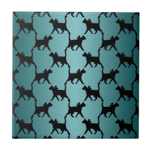 Cute Black Cat Silhouette Pattern on Teal Tile