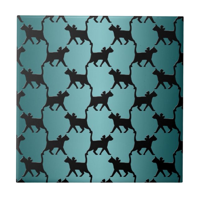 Cute Black Cat Silhouette Pattern on Teal Tile (Front)