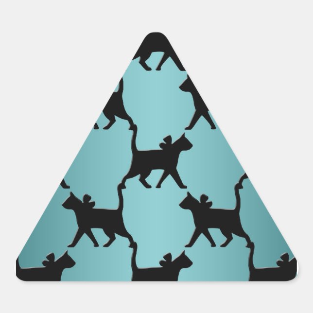 Cute Black Cat Silhouette Pattern on Teal Triangle Sticker (Front)