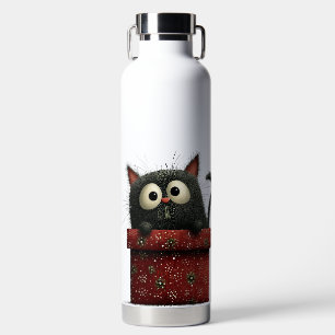 CUTE BLACK CAT SITTING IN A RED PRESENT WATER BOTTLE
