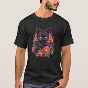 Cute black cat sitting on a patch of strawberries  T-Shirt