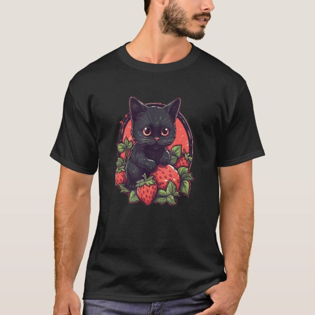 Cute black cat sitting on a patch of strawberries  T-Shirt (Front)