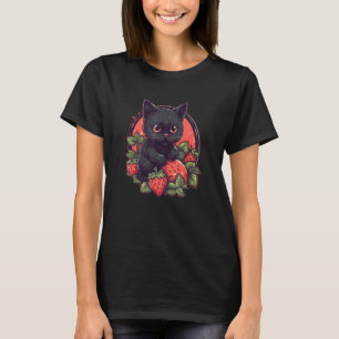 Cute black cat sitting on a patch of strawberries  T-Shirt