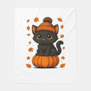 Cute Black Cat Sitting on Pumpkin Fall Aesthetic A Fleece Blanket