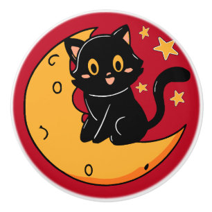 Cute black cat sitting on the moon ceramic knob