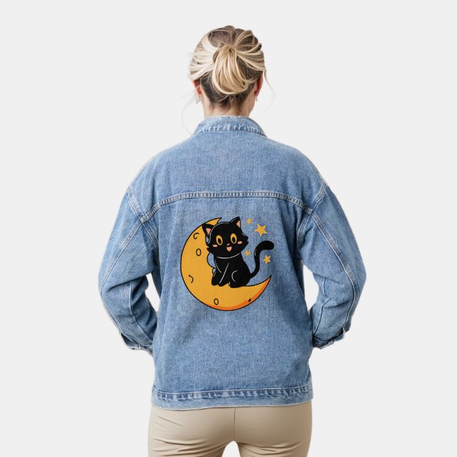 Cute black cat sitting on the moon denim jacket (Model)
