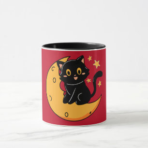 Cute black cat sitting on the moon mug