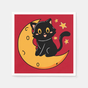 Cute black cat sitting on the moon napkin