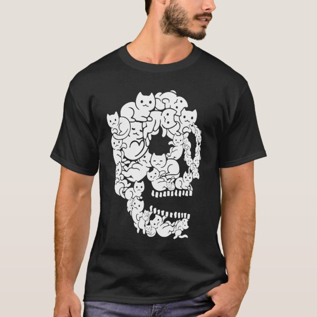 Cute Black Cat Skull Kitty Skeleton Scary Hallowee T-Shirt (Front)