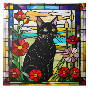 Cute Black Cat Stained Glass Decorative Tile