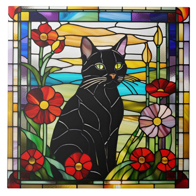 Cute Black Cat Stained Glass Decorative Tile (Front)