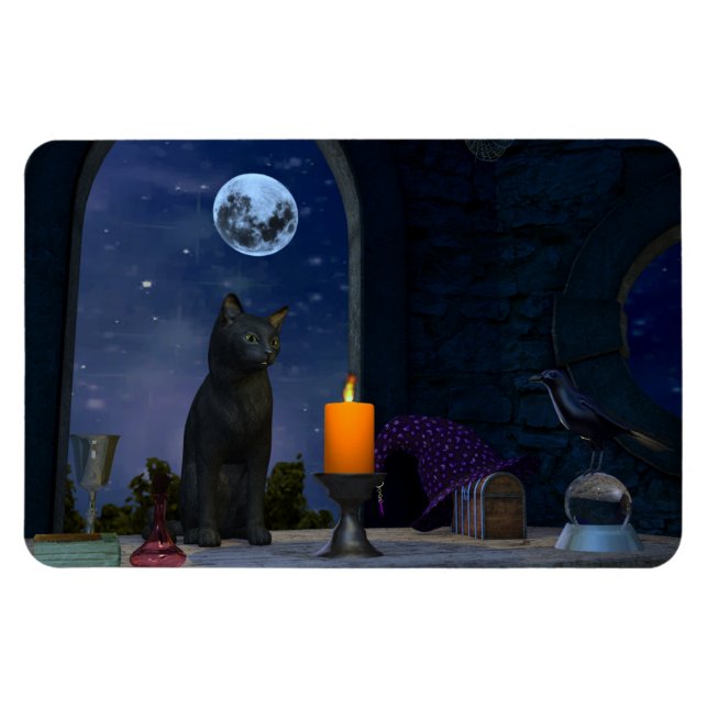 Cute Black Cat Staring at a Candle Magnet (Horizontal)
