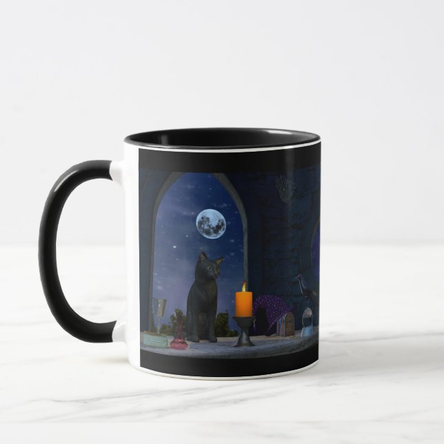 Cute Black Cat Staring at a Candle Mug (Left)