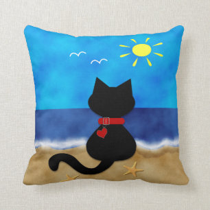 Cute Black Cat Summer Ocean Beach Theme Pillow